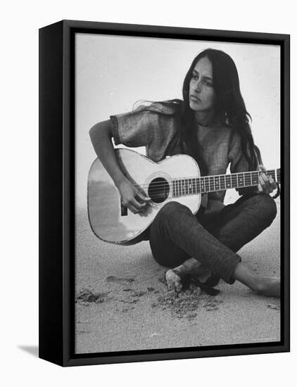 Folk Singer Joan Baez Strumming Her Guitar on the Beach Near Her Home-Ralph Crane-Framed Premier Image Canvas