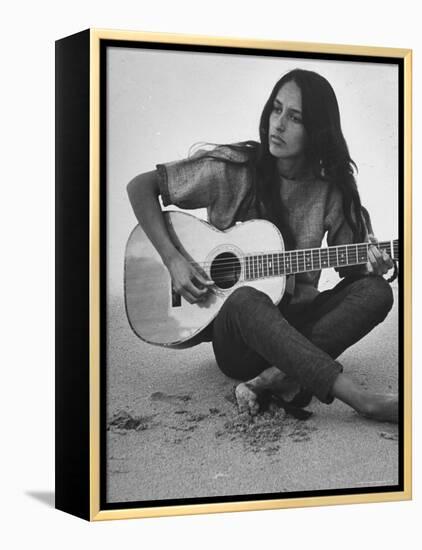 Folk Singer Joan Baez Strumming Her Guitar on the Beach Near Her Home-Ralph Crane-Framed Premier Image Canvas