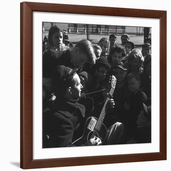 Folk Singer Woody Guthrie Playing Guitar for Group of Children-Eric Schaal-Framed Premium Photographic Print