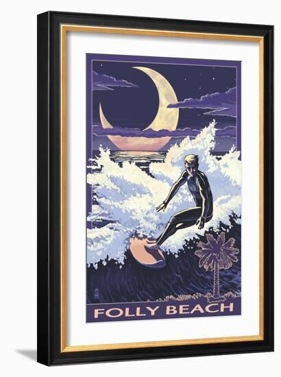 Folly Beach, SC - Sufer with Palmetto Moon-Lantern Press-Framed Premium Giclee Print