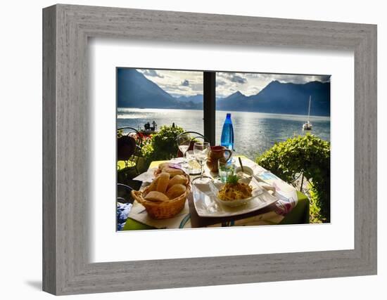 Food on a Restaurant Table with a Lake Como View-George Oze-Framed Photographic Print