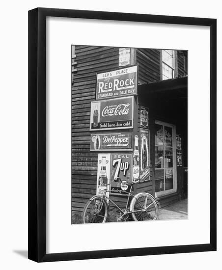 Food Store Called Leo's Place Covered with Beverage Ads Incl. Coca Cola, 7 Up, Dr. Pepper and Pepsi-Alfred Eisenstaedt-Framed Premium Photographic Print