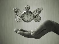 Stopwatch With Butterfly Wings Levitating Above Hand, Black And White, Slight Green Toning-foodbytes-Art Print