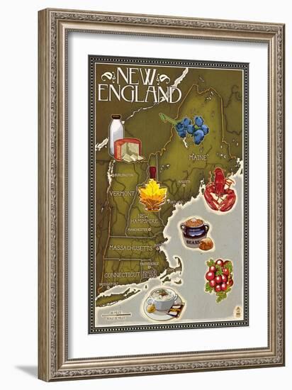 Foods of New England Map-Lantern Press-Framed Art Print
