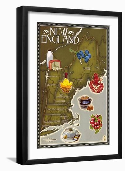 Foods of New England Map-Lantern Press-Framed Art Print