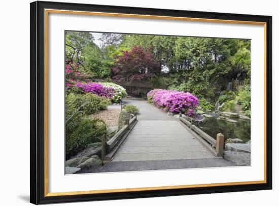 Foot Bridge across Waterfall Pond-jpldesigns-Framed Photographic Print