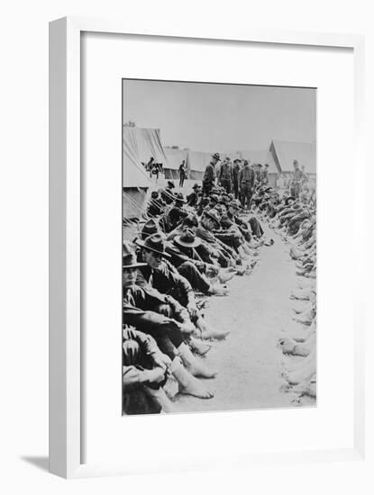 Foot Inspection, Soldiers Sit on Ground While Doctors Prepare to Examine a Full Unit at Once-null-Framed Art Print
