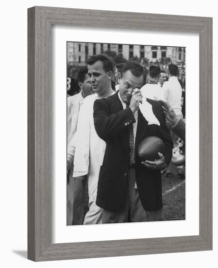 Football Coach Jack Freeman Holding Ball Weeps with Joy After His Team-Hank Walker-Framed Photographic Print