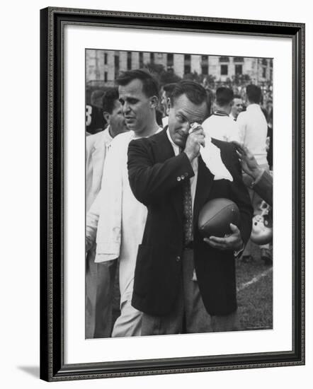 Football Coach Jack Freeman Holding Ball Weeps with Joy After His Team-Hank Walker-Framed Photographic Print