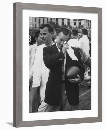 Football Coach Jack Freeman Holding Ball Weeps with Joy After His Team-Hank Walker-Framed Photographic Print