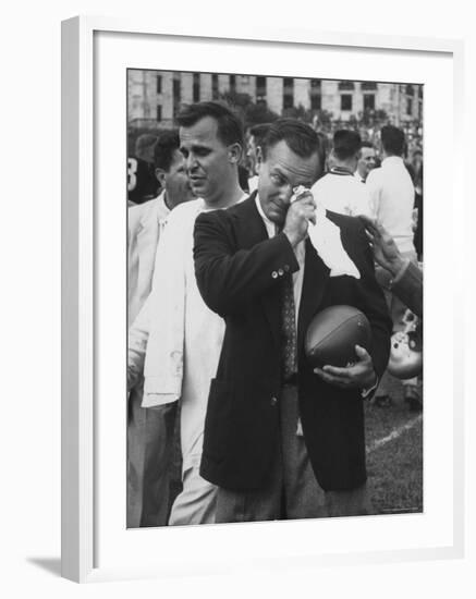 Football Coach Jack Freeman Holding Ball Weeps with Joy After His Team-Hank Walker-Framed Photographic Print