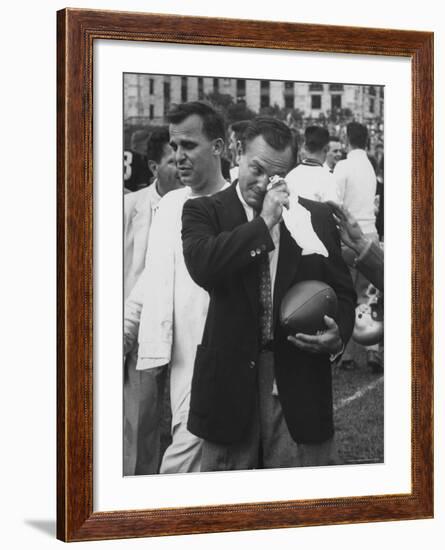 Football Coach Jack Freeman Holding Ball Weeps with Joy After His Team-Hank Walker-Framed Photographic Print