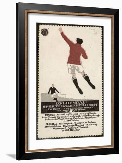 Footballer Leaps for the Ball on a Poster for a Norwegian Sports Calendar-null-Framed Premium Photographic Print