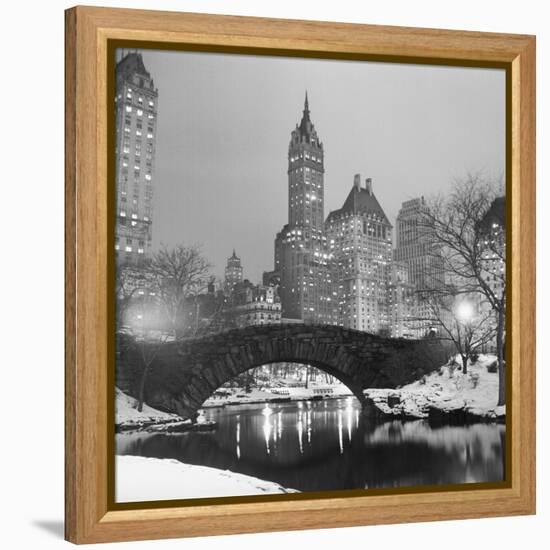 Footbridge in Snowy Central Park-null-Framed Premier Image Canvas
