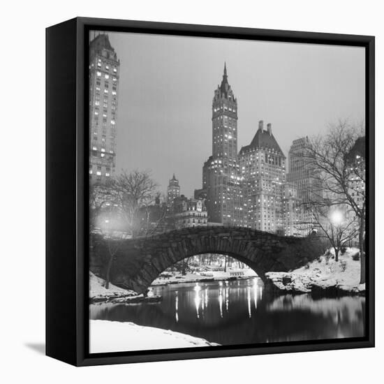 Footbridge in Snowy Central Park-null-Framed Premier Image Canvas