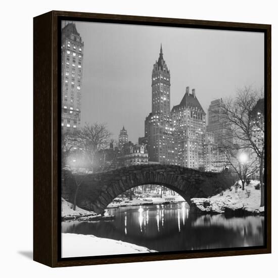 Footbridge in Snowy Central Park-null-Framed Premier Image Canvas