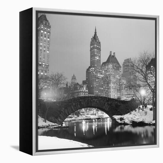 Footbridge in Snowy Central Park-null-Framed Premier Image Canvas