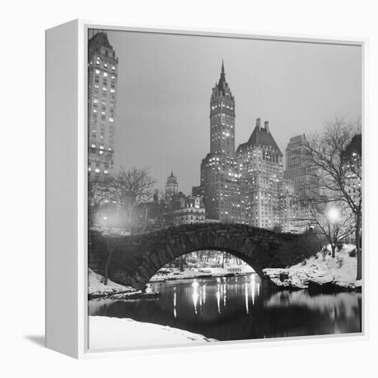 Footbridge in Snowy Central Park-null-Framed Premier Image Canvas