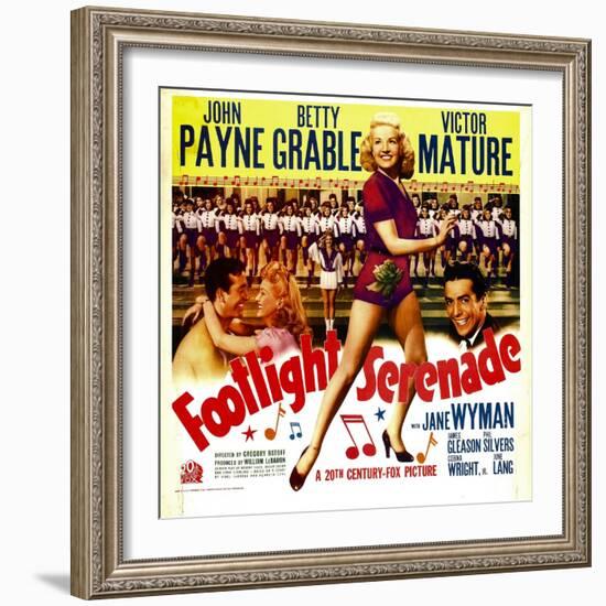 Footlight Serenade, John Payne, Betty Grable, Victor Mature on Window Card, 1942-null-Framed Photo