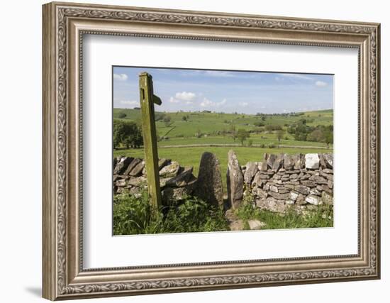 Footpath Sign and Stone Stile with Dry Stone Wall, Near Alstonefield, Peak District National Park-Eleanor Scriven-Framed Photographic Print