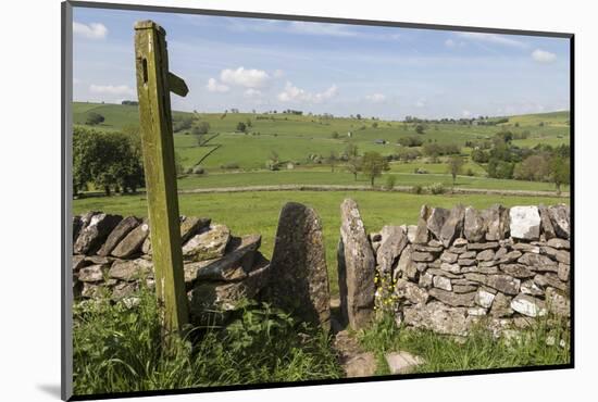 Footpath Sign and Stone Stile with Dry Stone Wall, Near Alstonefield, Peak District National Park-Eleanor Scriven-Mounted Photographic Print