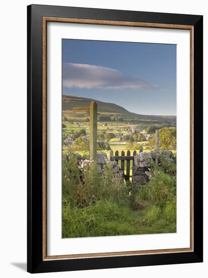 Footpath signpost and gate leading to Hawes village in Wensleydale, The Yorkshire Dales, England-John Potter-Framed Photographic Print