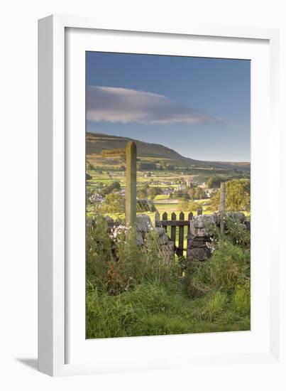 Footpath signpost and gate leading to Hawes village in Wensleydale, The Yorkshire Dales, England-John Potter-Framed Photographic Print