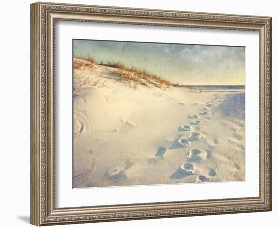 Footprints in the Sand Dunes Leading to the Ocean at Sunset. Soft Artistic Treatment with Canvas Te-forestpath-Framed Photographic Print