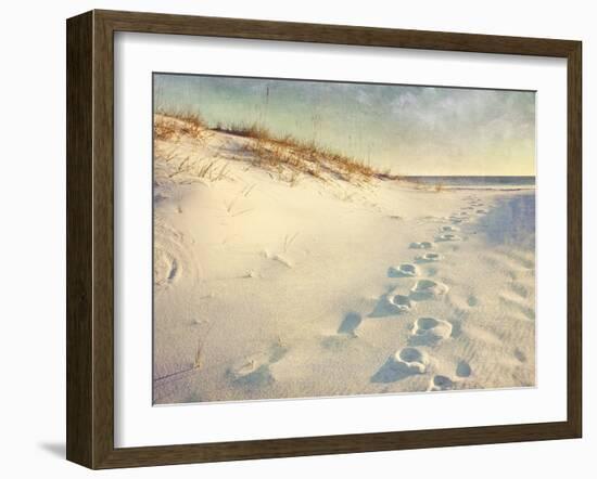 Footprints in the Sand Dunes Leading to the Ocean at Sunset. Soft Artistic Treatment with Canvas Te-forestpath-Framed Photographic Print