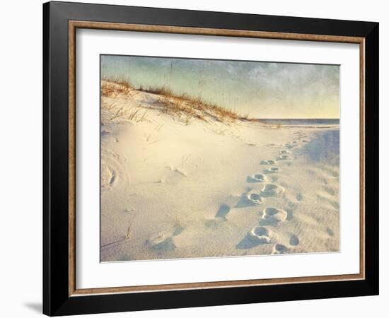 Footprints in the Sand Dunes Leading to the Ocean at Sunset. Soft Artistic Treatment with Canvas Te-forestpath-Framed Photographic Print