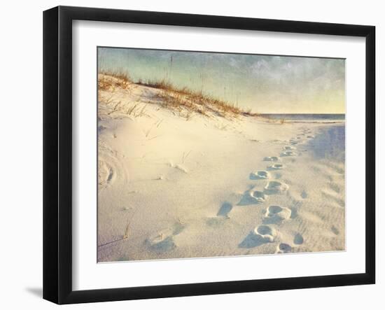 Footprints in the Sand Dunes Leading to the Ocean at Sunset. Soft Artistic Treatment with Canvas Te-forestpath-Framed Photographic Print