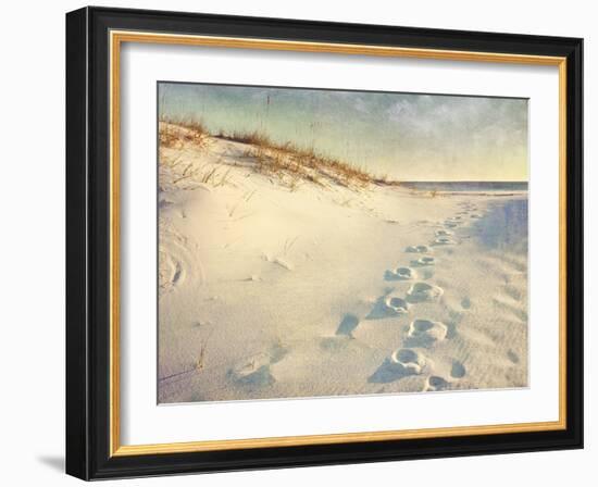 Footprints in the Sand Dunes Leading to the Ocean at Sunset. Soft Artistic Treatment with Canvas Te-forestpath-Framed Photographic Print