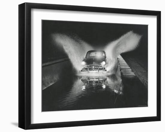 Ford Car Being Driven Through Deep Water at Ford Test Site-Gjon Mili-Framed Photographic Print