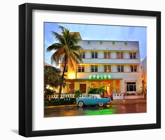 Ford Thunderbird Classic Car in front of the Avalon Hotel, Ocean Drive-null-Framed Art Print