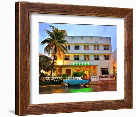 Ford Thunderbird Classic Car in front of the Avalon Hotel, Ocean Drive-null-Framed Art Print