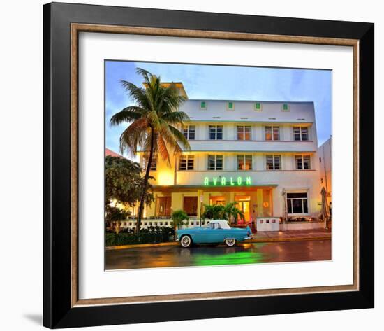 Ford Thunderbird Classic Car in front of the Avalon Hotel, Ocean Drive-null-Framed Art Print