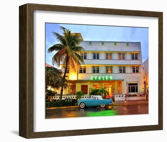 Ford Thunderbird Classic Car in front of the Avalon Hotel, Ocean Drive-null-Framed Art Print