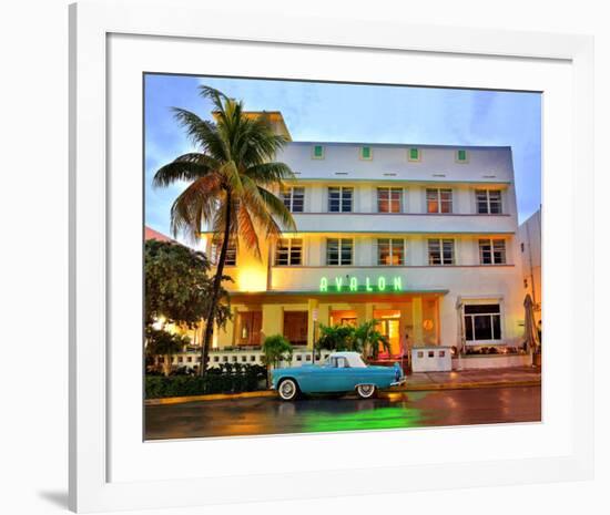 Ford Thunderbird Classic Car in front of the Avalon Hotel, Ocean Drive-null-Framed Art Print