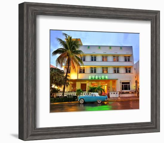 Ford Thunderbird Classic Car in front of the Avalon Hotel, Ocean Drive-null-Framed Art Print