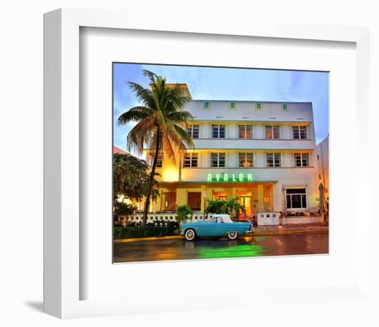 Ford Thunderbird Classic Car in front of the Avalon Hotel, Ocean Drive-null-Framed Art Print