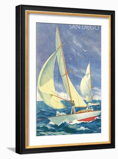 Foredeck Man in Sailing Race, San Diego, California-null-Framed Art Print