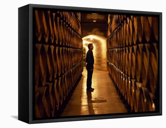 Foreman of Works Inspects Barrels of Rioja Wine in the Underground Cellars at Muga Winery-John Warburton-lee-Framed Premier Image Canvas