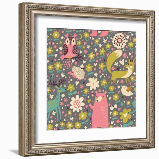 Forest Animals Funny Cartoon Seamless Pattern with Deer, Bear, Fox, Hedgehog and Owl-smilewithjul-Framed Art Print