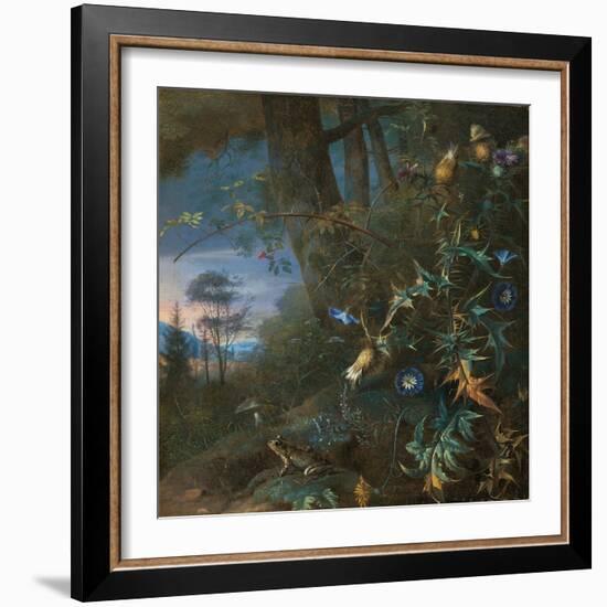 Forest Floor Still Life with a Frog and a Mushroom, Mountains Beyond-Matthias Withoos-Framed Giclee Print