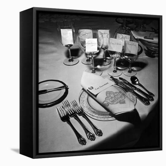 Forks, Knives, Spoons, Wine Glasses and Invitations, Table Settings for Gourmet Dinner Party-Peter Stackpole-Framed Premier Image Canvas