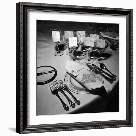 Forks, Knives, Spoons, Wine Glasses and Invitations, Table Settings for Gourmet Dinner Party-Peter Stackpole-Framed Photographic Print