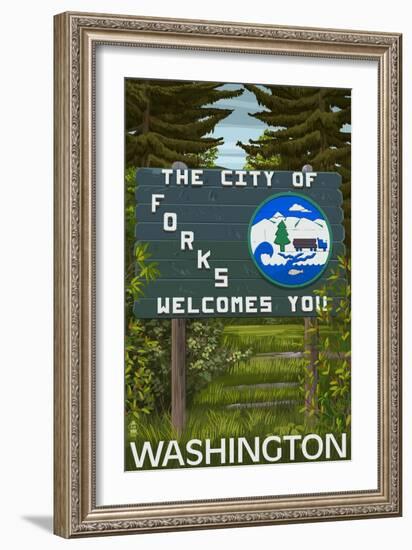 Forks, Washington - Town Welcome Sign-Lantern Press-Framed Art Print