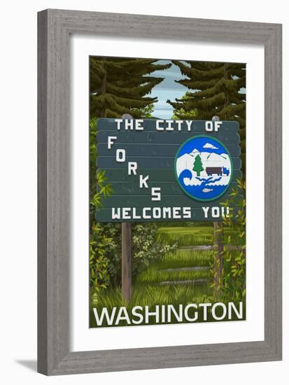 Forks, Washington - Town Welcome Sign-Lantern Press-Framed Art Print