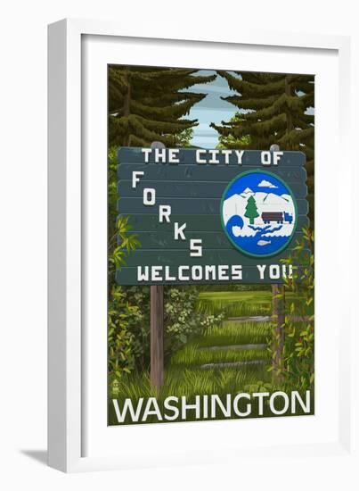 Forks, Washington - Town Welcome Sign-Lantern Press-Framed Art Print