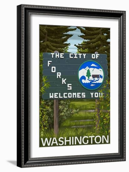 Forks, Washington - Town Welcome Sign-Lantern Press-Framed Art Print